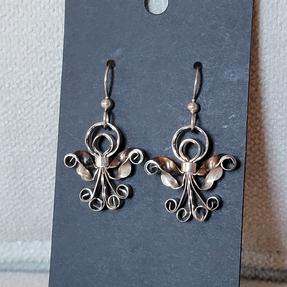 Estate Silver Tone Angel Scroll Dangle Earrings